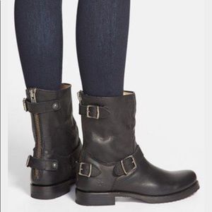 Frye Black Leather Short Moto Boots with Buckle Straps